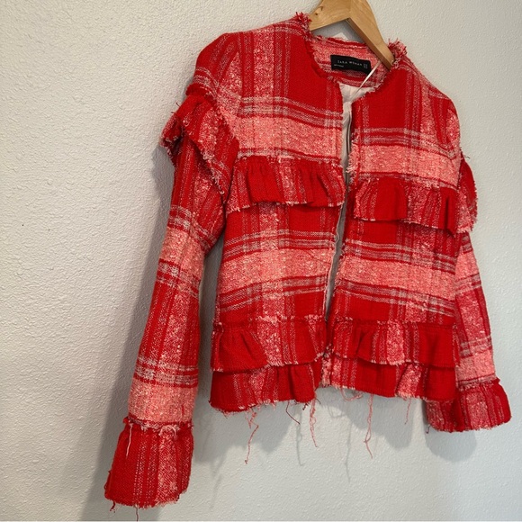 Zara Red Plaid Distressed Hem Women's Jacket - Picture 5 of 11